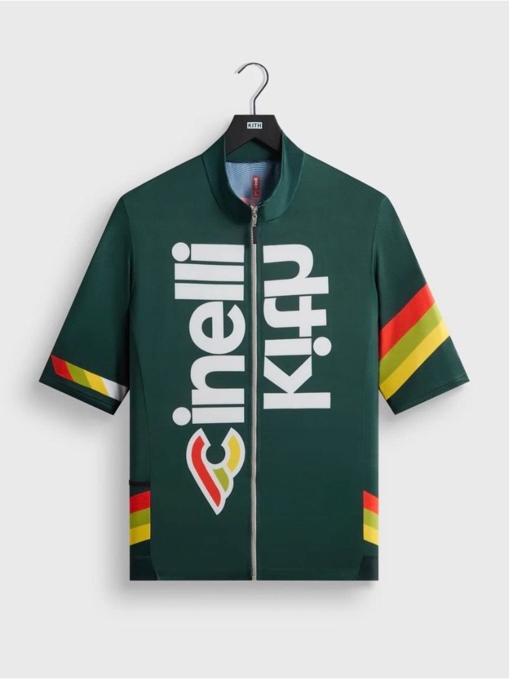 Kith Cinelli collab—Men’s Dark Green Zip Cycling Jersey with Retro Stripe sz Med